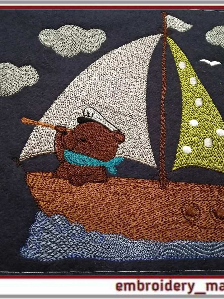 Boat and Teddy Machine Embroidery Design, 2 sizes