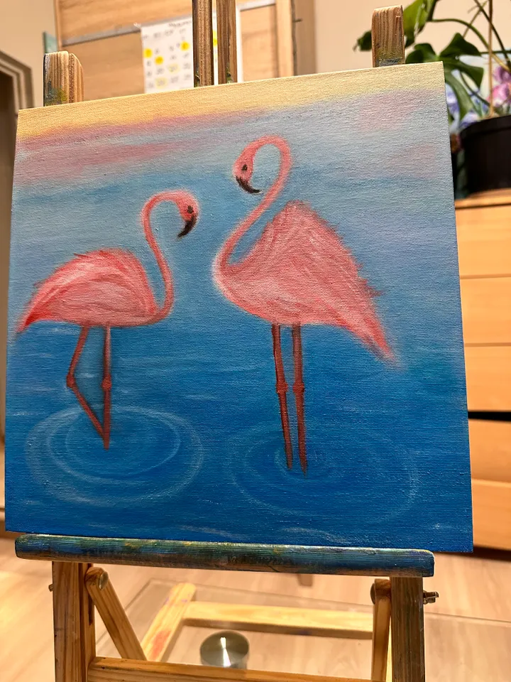 Oil Painting A Pair of Flamingos in the Water Birds Aquatic Landscape Pink Flamingos Canvas on Cardboard 12x12 inches 30x30 cm Wall Decor Nature