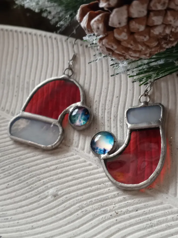 Santas hat stained glass earrings, Christmas hat New year jewelry, Hygge Christmas decorations, Santa earrings