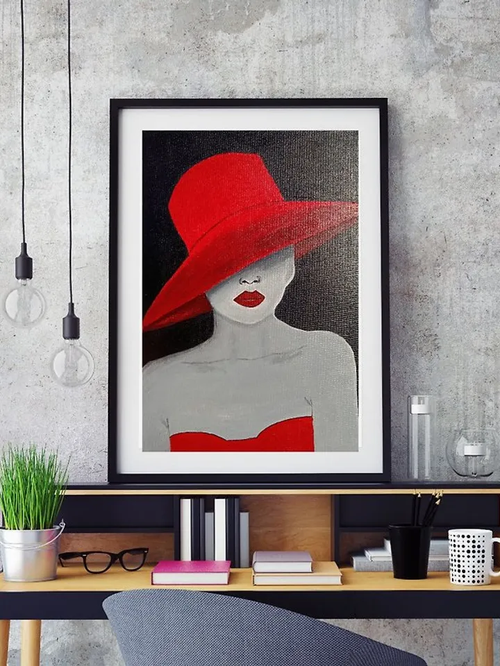 Girl in a red hat painting with a girl in a red dress Original acrylic painting