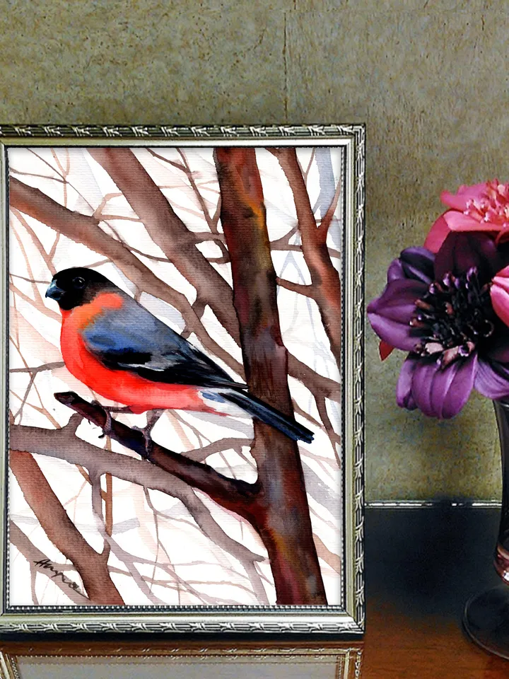 Bullfinch original watercolor, birds painting, wall decor, 7x10 in art for bird lovers by Anne Gorywine