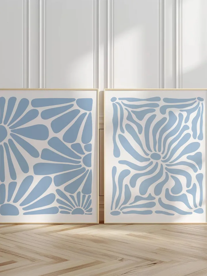 Soft Blue Wall Art Set of 2 Prints, Boho Flower Print, Blue Abstract Minimalist Organic, Blue Floral Wall Art, Wild Flower, Printable Art