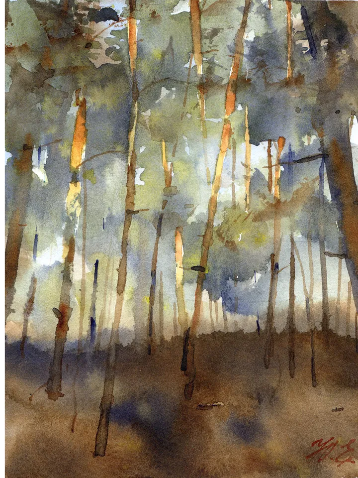 Pine forest small art Original watercolor painting by Yulia Evsyukova