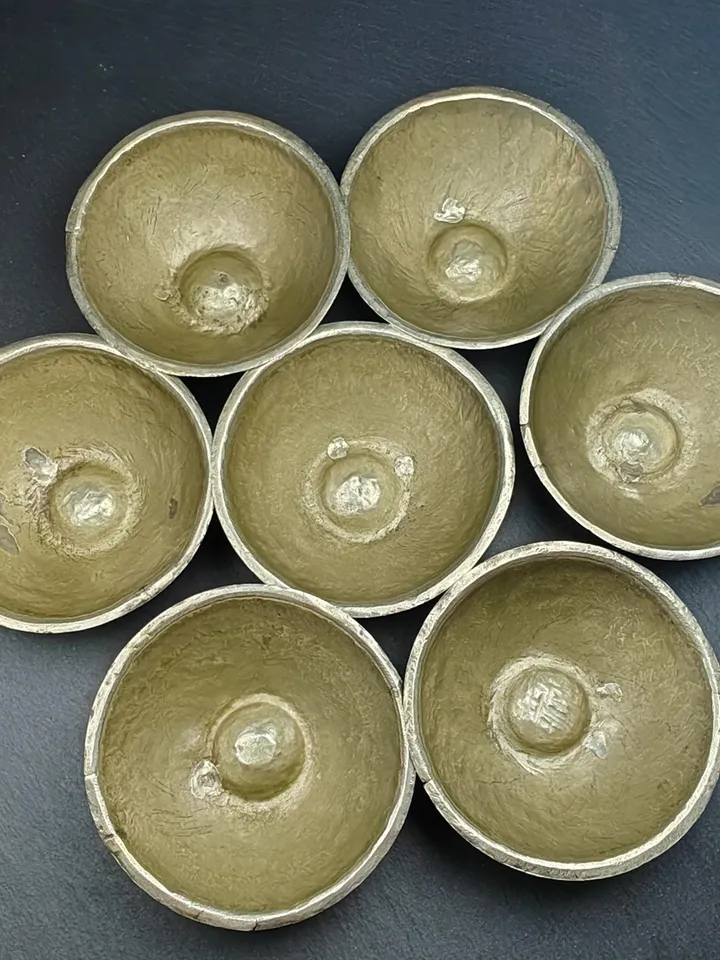 Authentic Tibetan Buddhist Water Offering Bowls from Yachen Gar,Yonchap Bowls,Made of Silver,1 Set of 7 Bowls,100+ Years Old,87×34mm