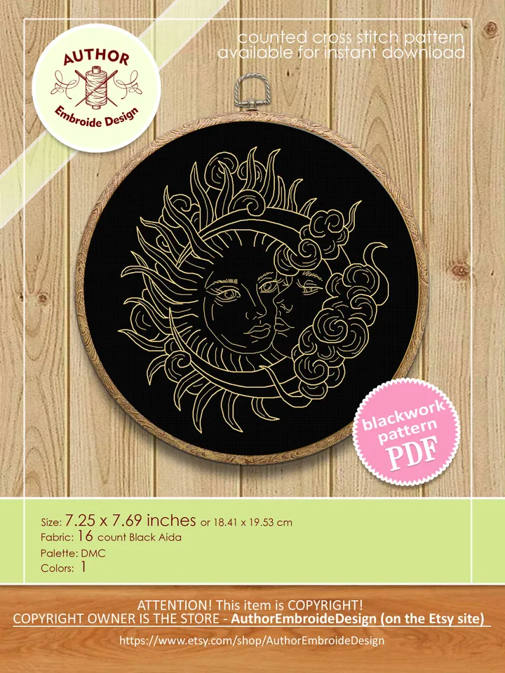 Sun and moon blackwork pattern PDF Moon magic blackwork embroidery download PDF, Mystical embroidery Backstitch chart, Moon cross stitch #W9