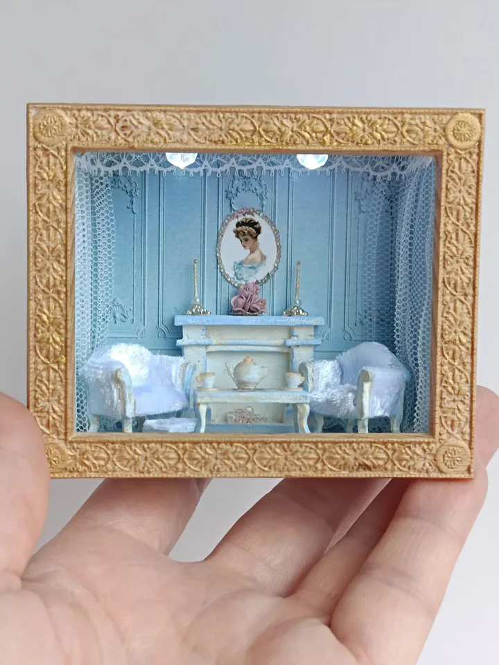 Roombox Miniature Dollhouse with Furniture 1/48 Blue Living Room