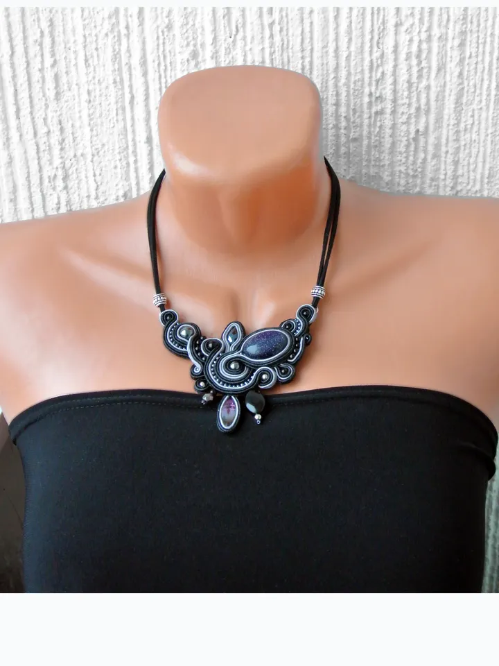 Black Statement necklace with Aventurine stone, Soutache embroidered necklace with natural stone
