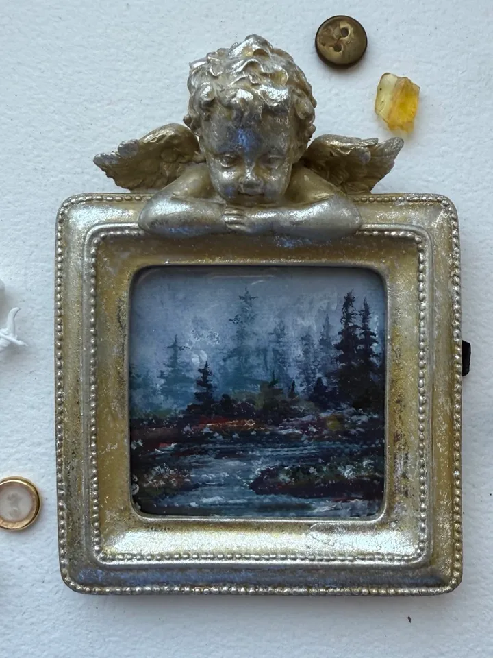 Small Landscape Oil Painting Framed Original Forest Artwork Antique Frame Moody Tiny Paintings 4 x 4 Art