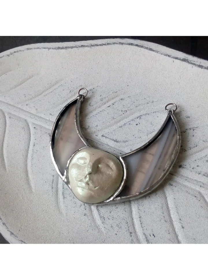 Stained glass moon, Moon Goddess, Moon phase necklace, Stainglass crescent, Full moon pendant, Moon face necklace