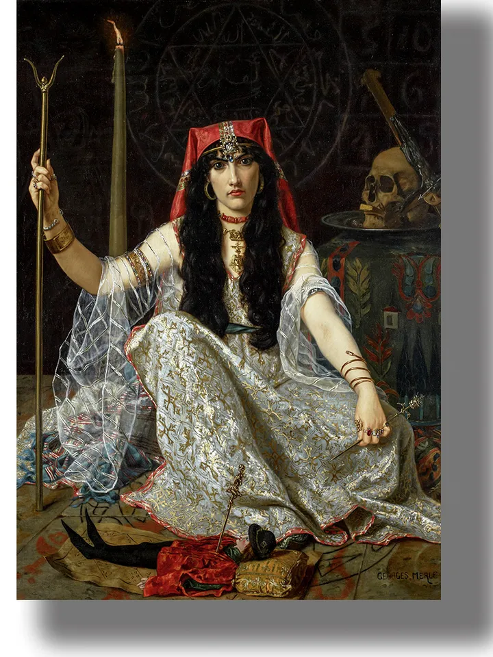 A sorceress in a magical circle performing a love ritual.