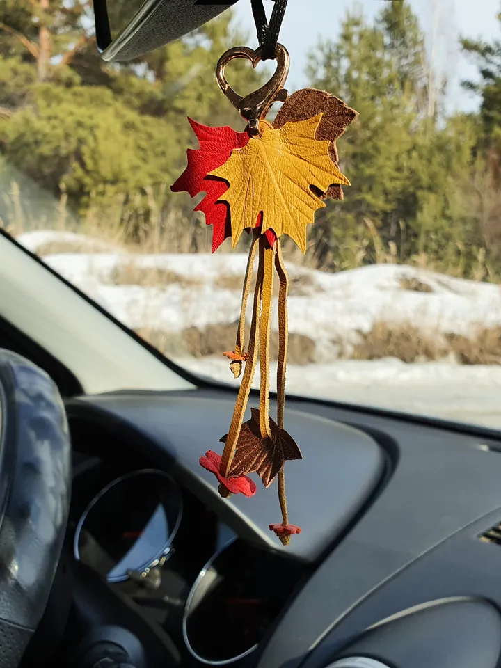 Orange maple Leaf Keychain Leather tassel charm Leather Pendant, art 9