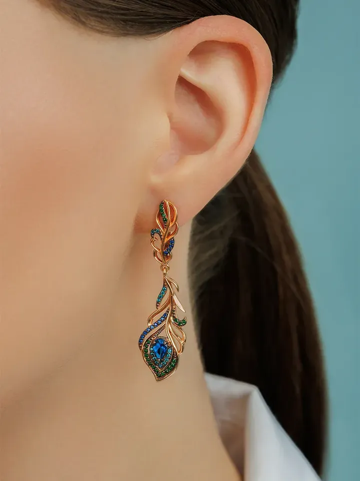 Women's earrings, 925 gold plated silver, Peacock feathers with blue and green cubic zirconia, bird of happiness