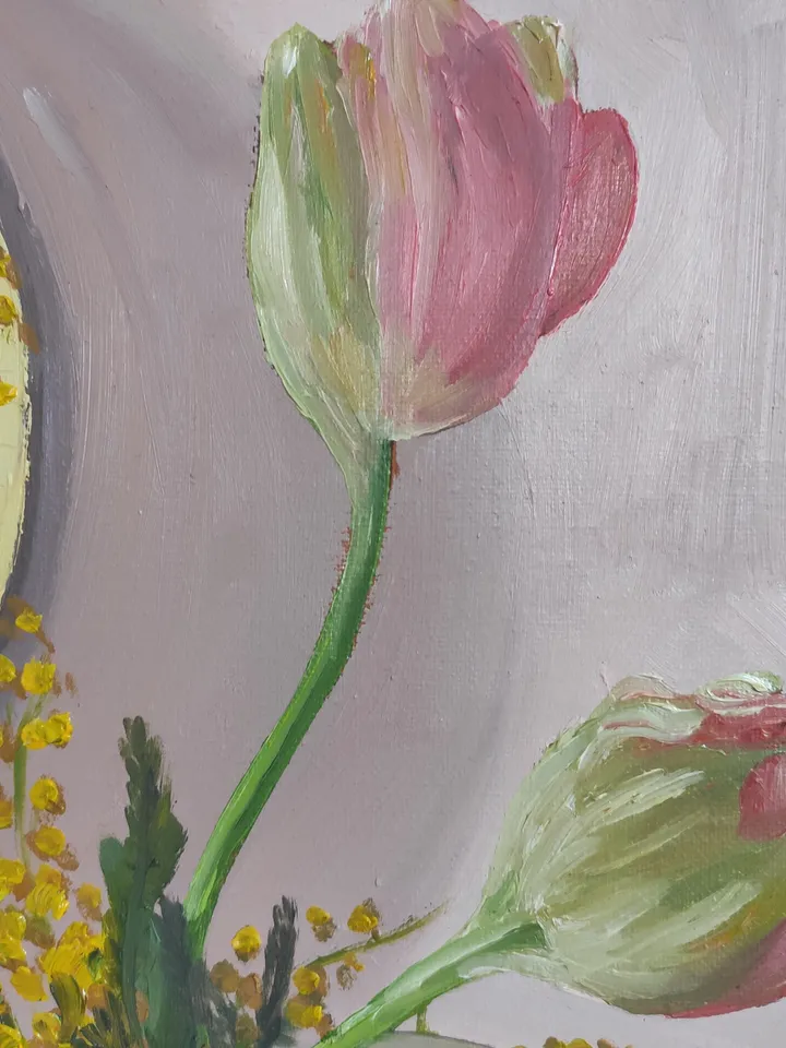 Oil painting on canvas Still life with mimosa