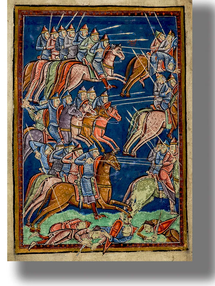Battle of Knights on Horses. Saxons, Jutes, and Angles attack fleeing Britons.
