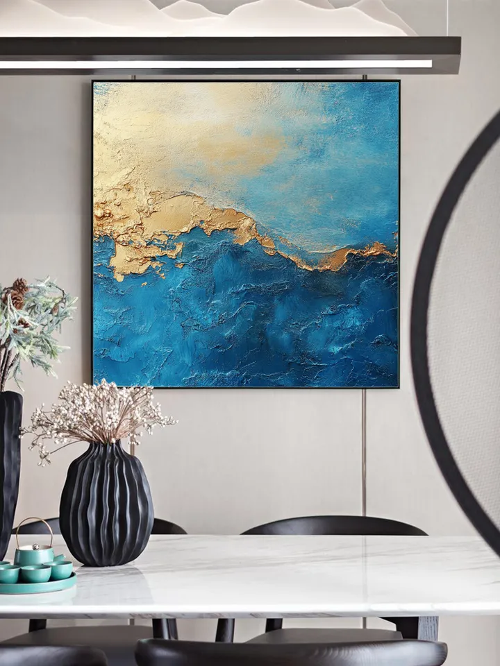 Abstract Gold leaf Oil Painting on Canvas, Original Blue Painting, Large Wall Art, Custom Painting, Living room Office Wall Art, Home Deocr