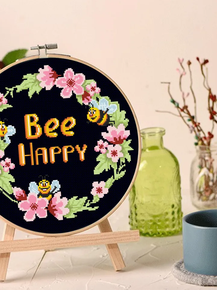 Honey bee cross stitch pattern download PDF, Bee Happy cross stitch Floral wreath cross stitch chart Framed quote embroidery, Bee decor #Q48
