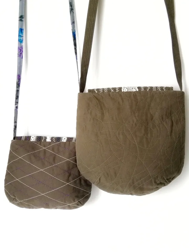 Handmade Women's Quilted Fabric Crossbody Purses with Lace and Decorative Stitching in Grey and Khaki Colors - Small and Stylish. FREE SHIPPING!