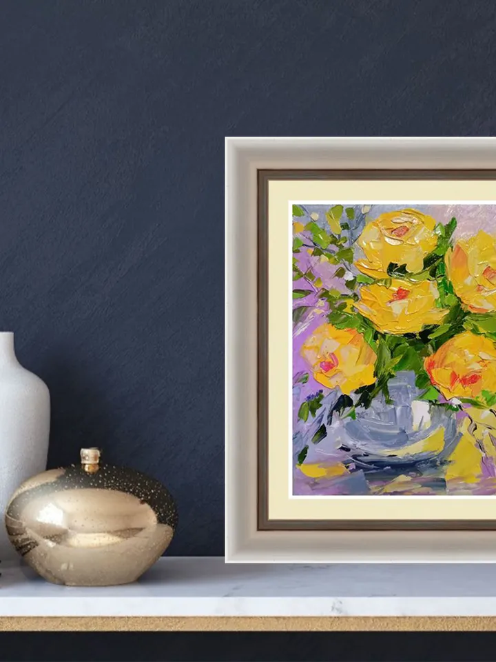 Roses Yellow Painting Original Art Impasto Oil Painting on Cardboard