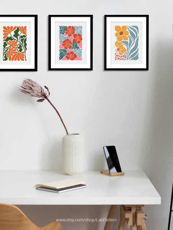 Bundle of 6 mini contemporary Flowers Cross stitch patterns Abstract floral Plant beginner counted modern chart DIY embroidery instant PDF