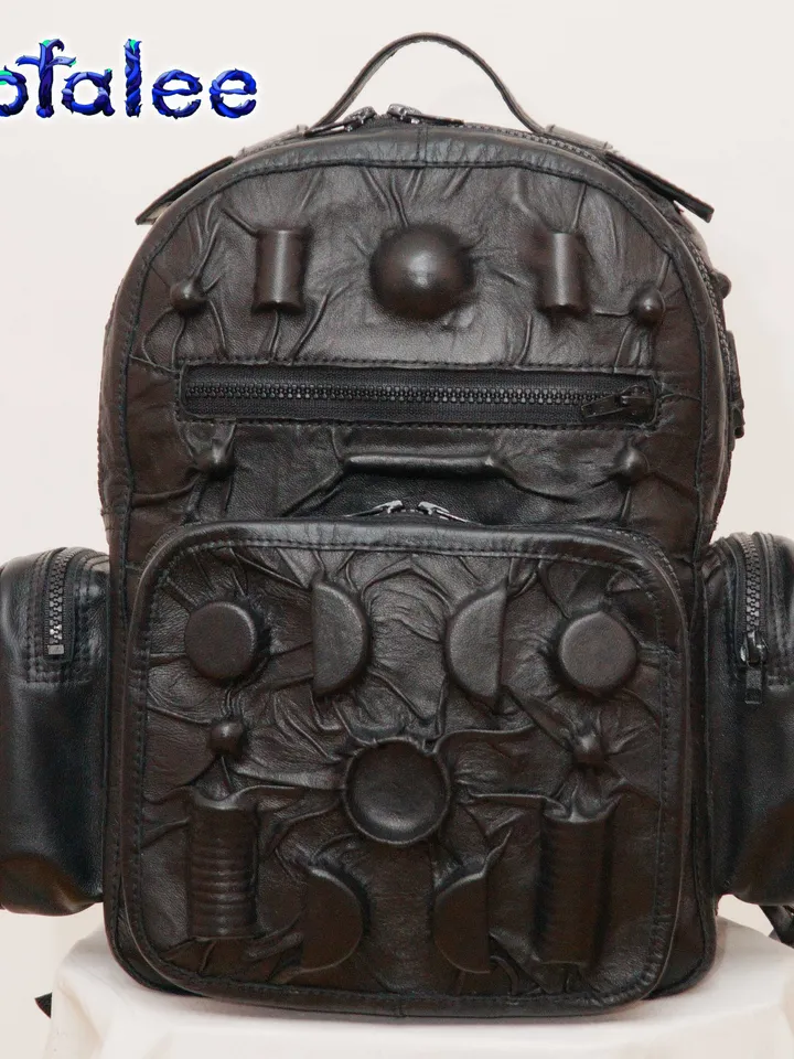 Backpack of genuine leather black color, 3D details modern style. Outdoor Casual Backpack.