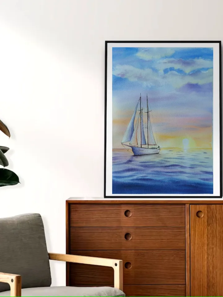 Original Watercolor Painting Sea Landscape Art Sea Sunset Artwork Yacht Picture 30x40 cm by SoftWaves