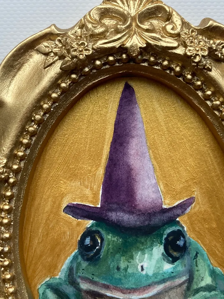 Framed Witch Frog Painting Original Green Frog Artwork Amphibians Art Watercolor Painting Tiny Artwork