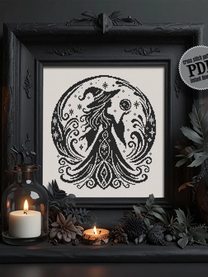 Halloween witch cross stitch pattern PDF download Mystical cross stitch chart, Monochrome magic pattern digital PDF Witchy crystal ball #H79