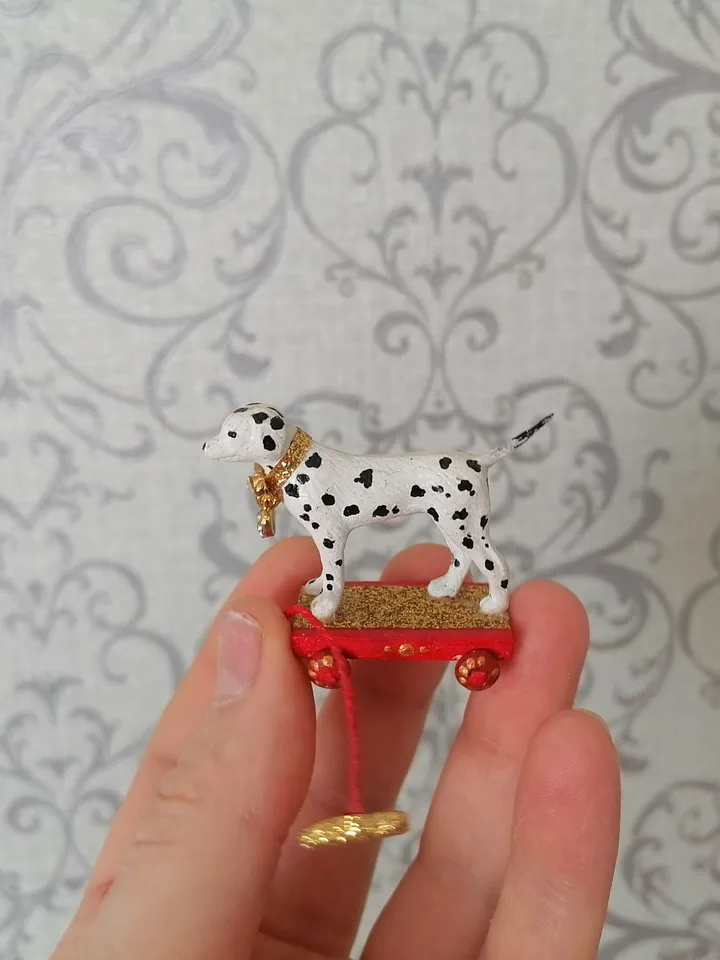 Dolmatian on a cart. Doll toy. dollhouse miniature.1:12 scale.
