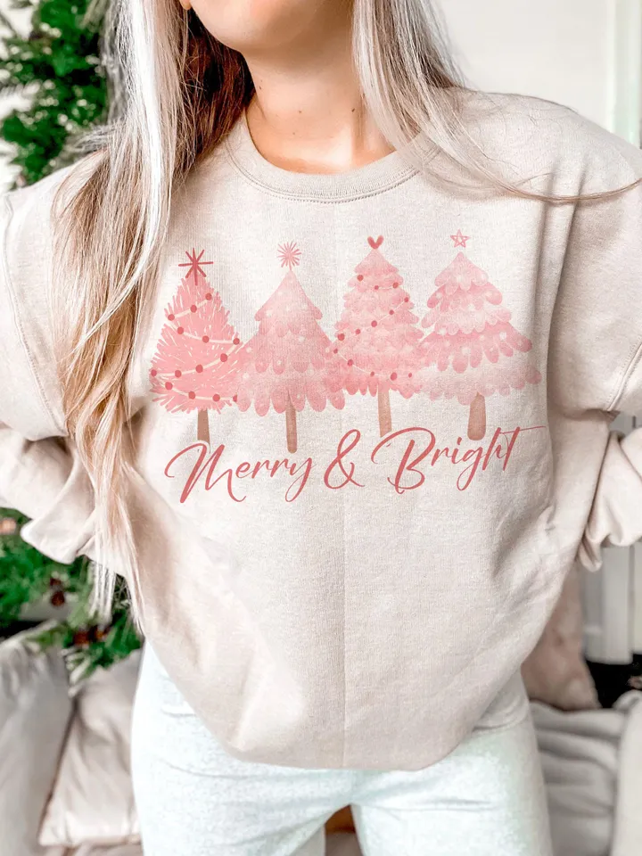 Merry & Bright PNG Sublimation File, Pink Pastel Christmas Sublimation Digital Download, Hand Drawn Christmas Trees, Pretty Pink Christmas