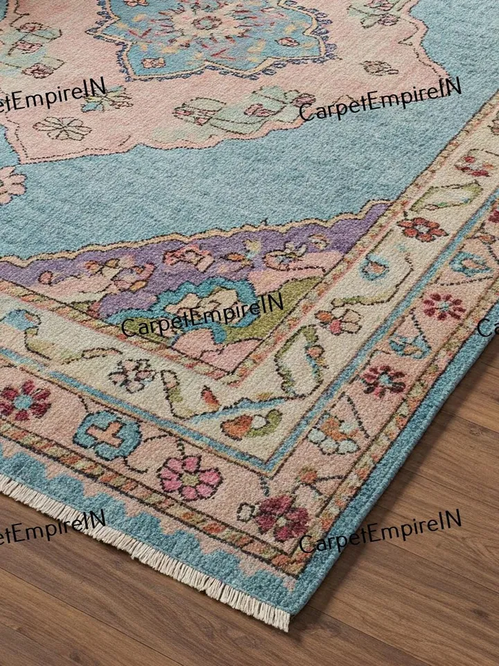 9x12 Pink and Blue Modern Oushak Hand Knotted Rug 4x6,5x8,6x9,8x10,9x12,10x14 ft Handmade Rugs for Living Room-Antique Contemporary rug.