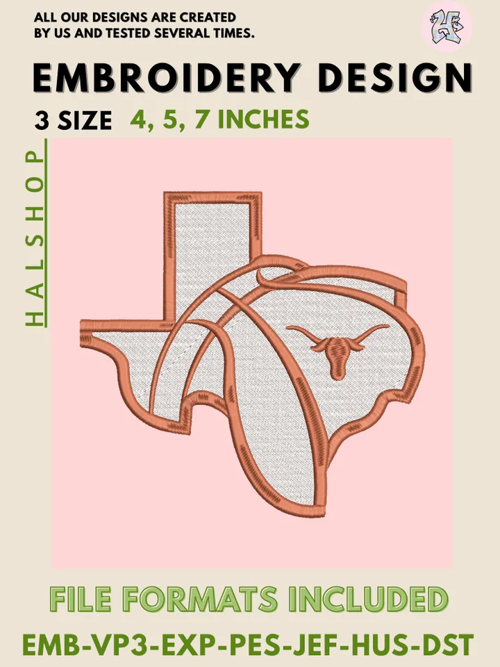 NCAA Texas Longhorns Machine Embroidery File | College Sports Logo | High-Quality Digital Stitch Design