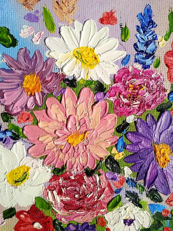 Oil Painting Bright Flowers Chamomile Roses Artistic Miniature Impasto 6 x 6 inc