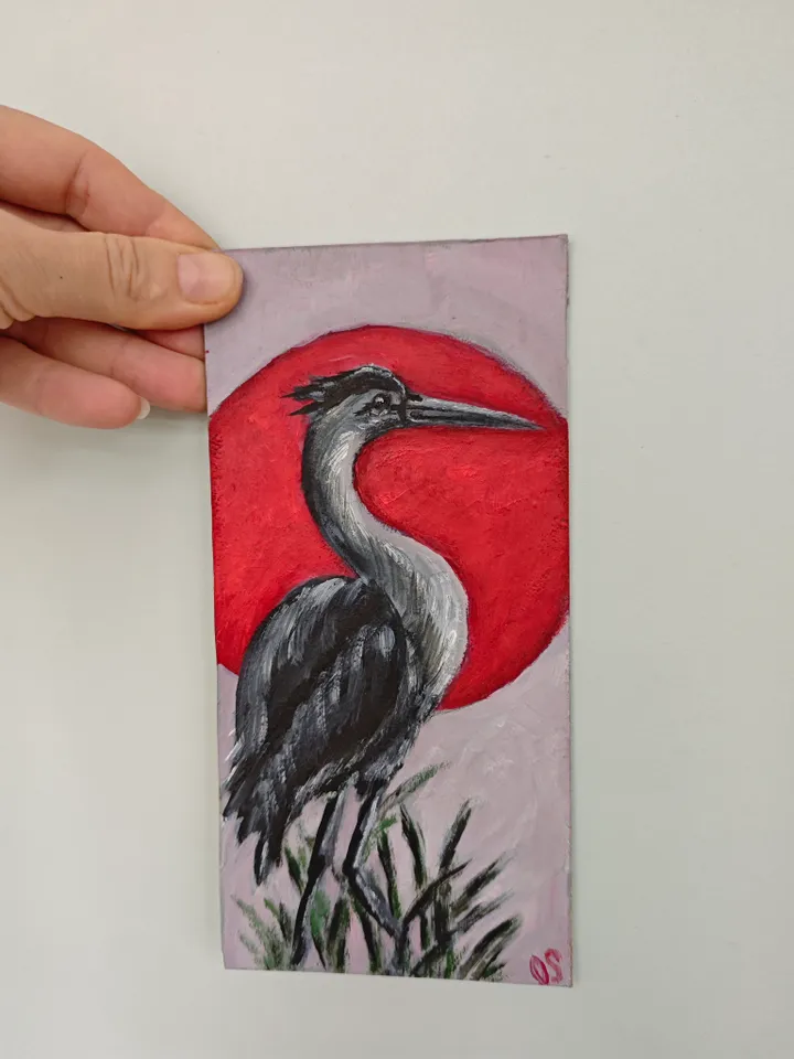 Japanese Crane Bird Original Painting Crane Bird Artwork Japanese Style Crane Modern Art Japanese Crane Red Sun Oil Painting 4 x 8 inches by OlgaSokolovaArt