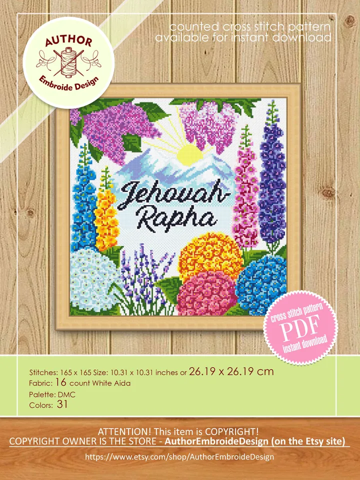 Flowers cross stitch pattern download PDF Bible quotes Jehovah Rapha digital PDF Floral garden cross stitch chart Christian home decor #P32