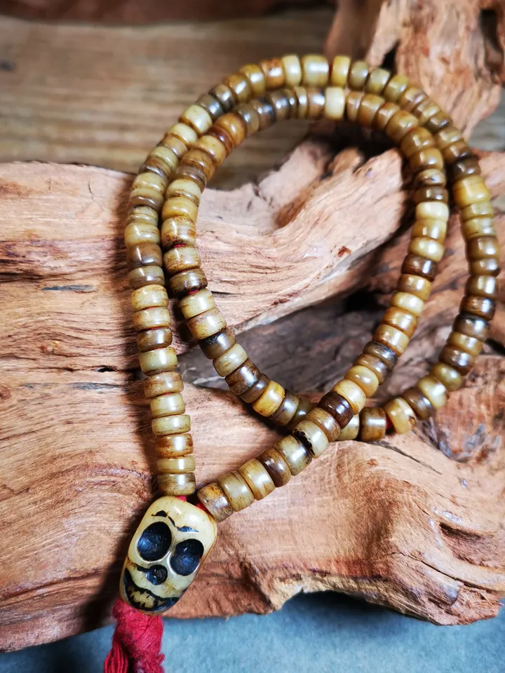 Gandhanra Original 6mm Tibetan Yak Bone Mala Beads Necklace, Hand-carved Tibetan Prayer Beads