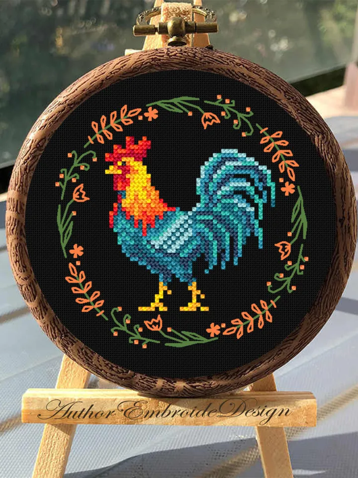 Rooster cross stitch pattern PDF download Floral chicken cross stitch chart Farm bird embroidery Mini Cock, Rooster pattern digital PDF #K33