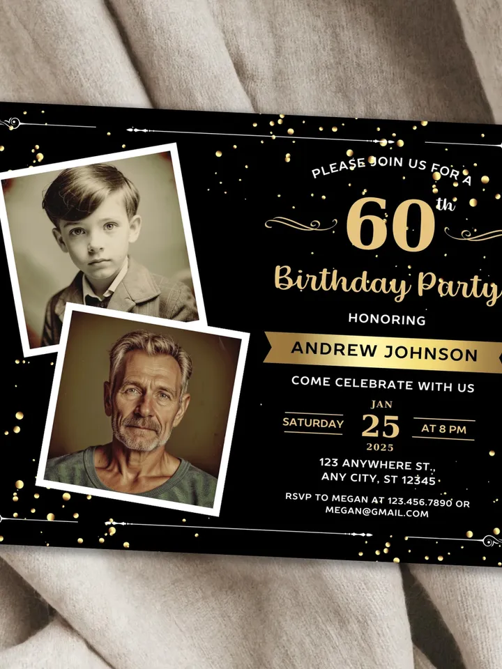 60th Birthday invitation with Photo | Adult Birthday Photo Invite | Mens birthday Black Gold landscape invitation card | Canva template
