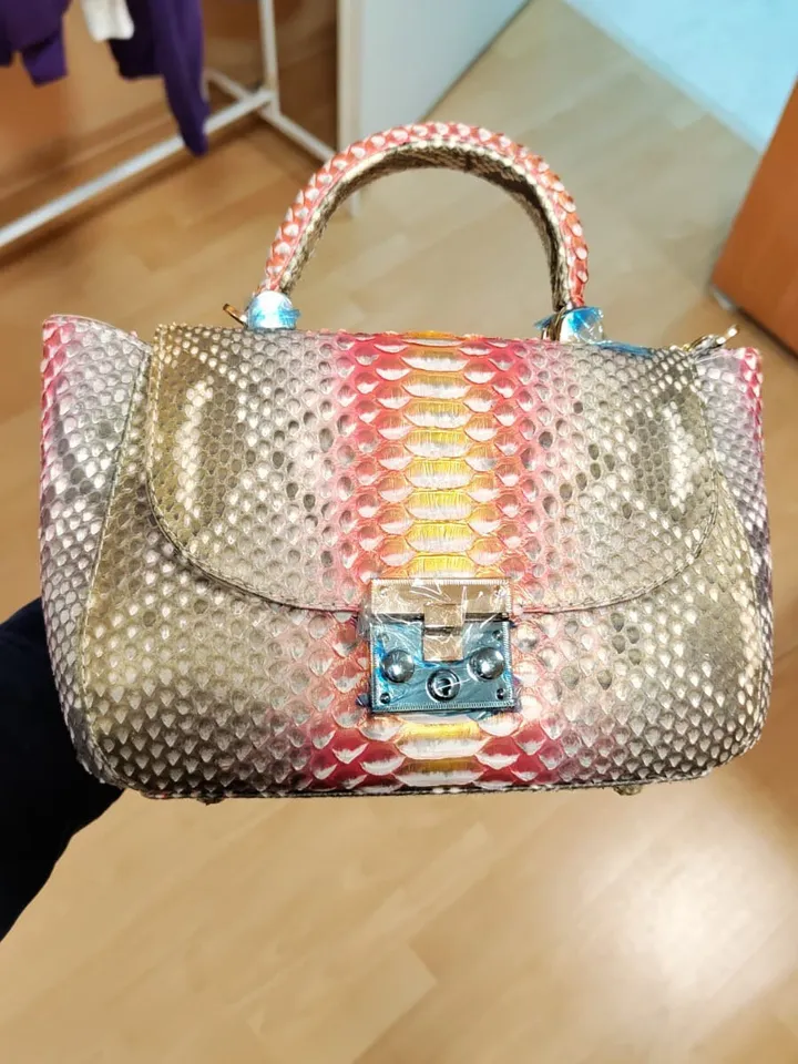 Genuine python top handle bag / designer bag / exotic leather bag /bronze leather designer women purse / classy elegant snake print bag