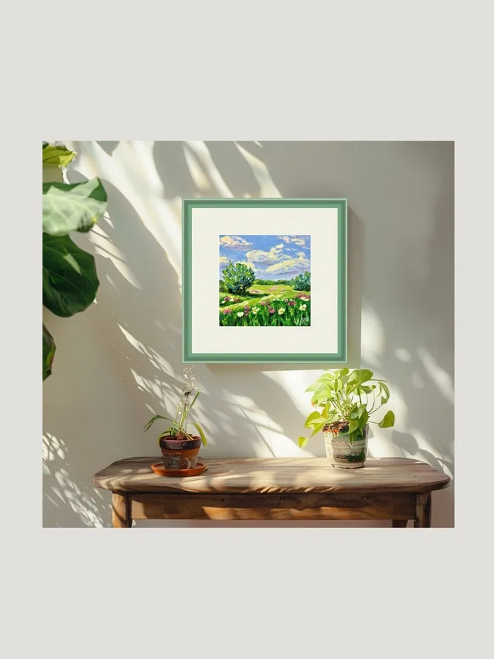 Original Oil Painting Green Field with Flowers and Blue Sky Palette Knife Art Blooming Meadow with Clouds on Blue Sky Mini Artwork