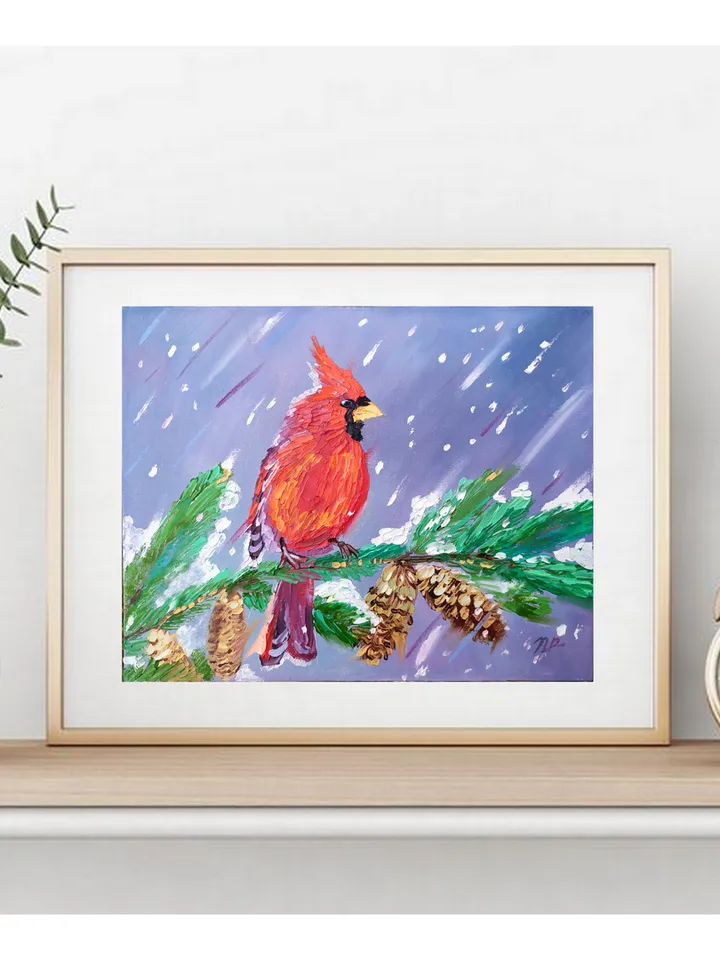 Cardinal painting Bird Original Art 9 by 12 Nothern Cardinal Artwork Virginia bird fine art oil painting by Plotnikova
