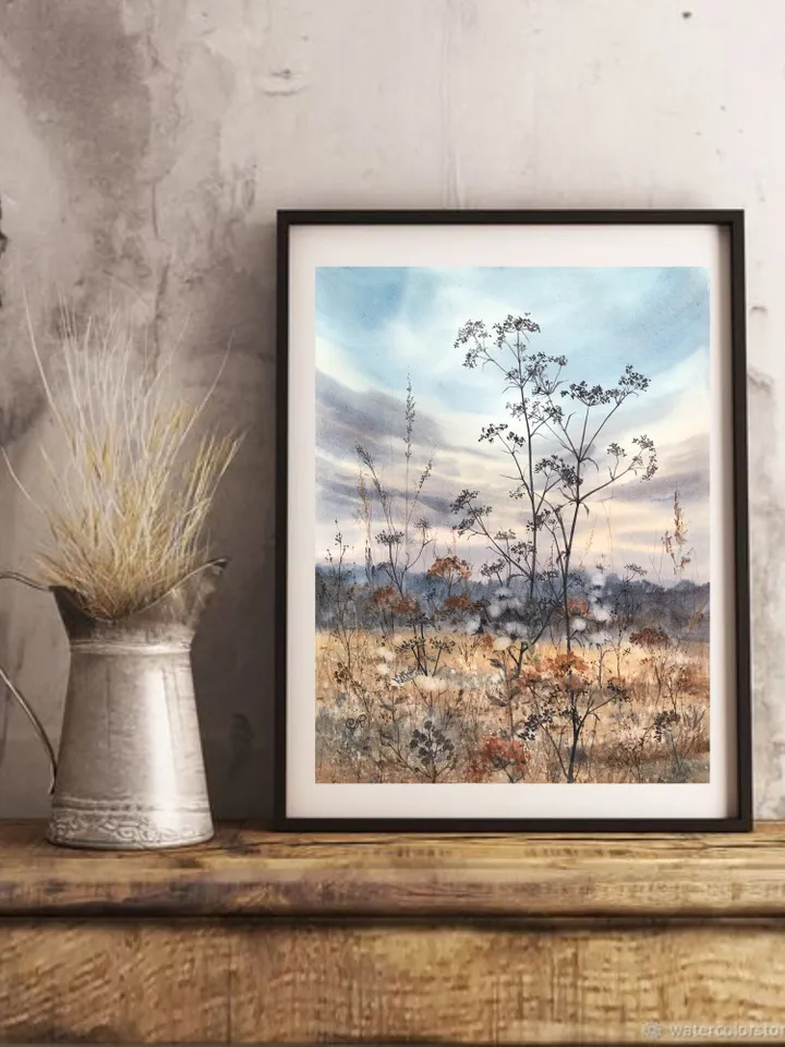 Meadow Original Watercolor Painting Field Landscape Wildflowers Art