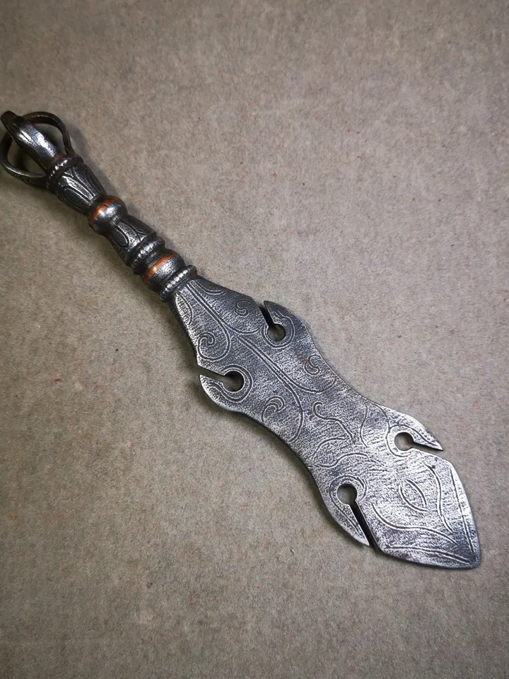 Gandhanra Tibetan Amulet Kila Dagger (Dorje Phurba),Dharma Ritual,Altar Tool,Made of Cold Iron inlaid with Copper