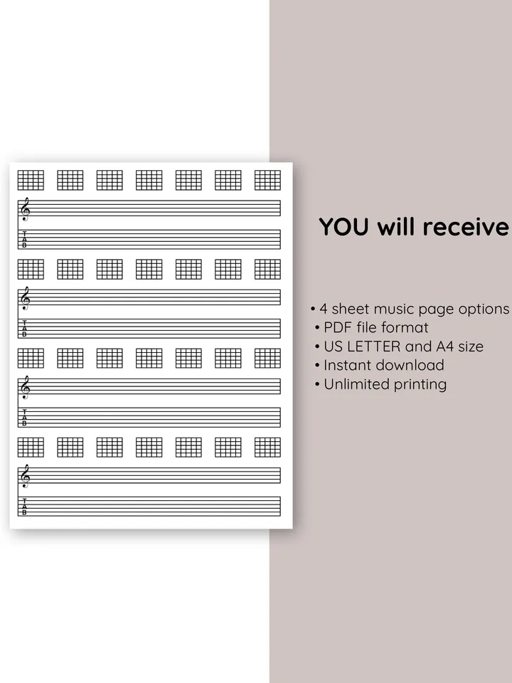 Set of guitar music sheet. Printable guitar tab paper. Blank guitar tab printable. Guitar tablature paper.