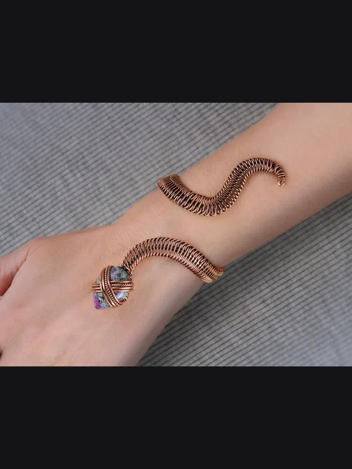 Copper cuff bracelet Snake with zoisite in Egyptian style Handmade