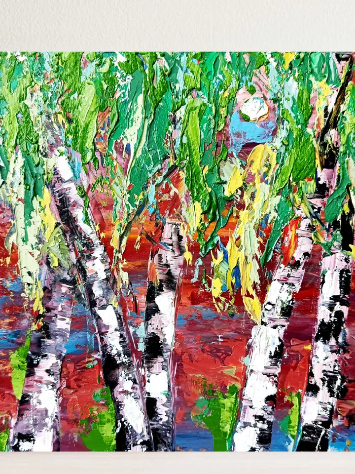 Vermont Painting Birch Tree Original Art Fall Impasto Oil Painting Landscape Wall Art Birch trees painting 8 by 8 in by ArtProkopaloSv