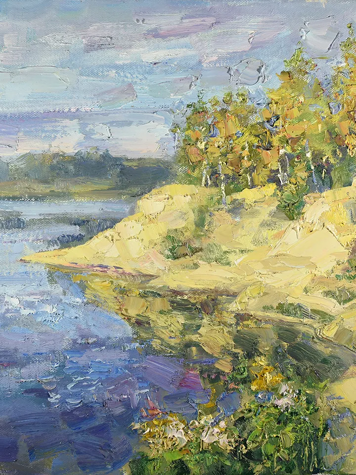 Autumn Painting Sandy Beach Artwork Lake Birch Nature Art