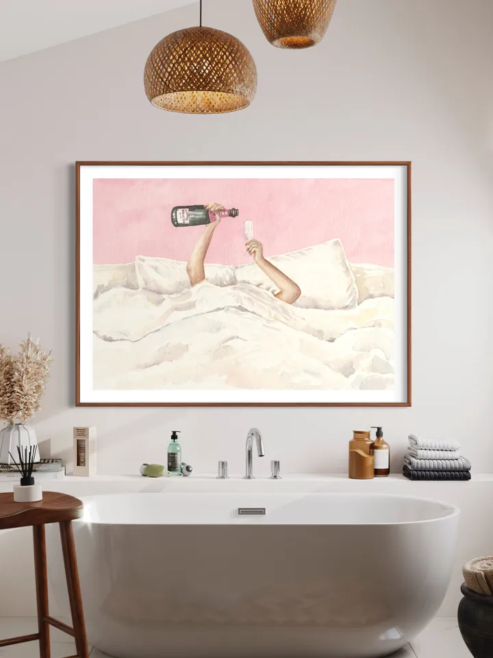 Pink Champagne Bottle Watercolor Illustration Wall Art Print, Feminine Art, Bar Decor, Cocktail Poster, Preppy Bar Cart, Apartment Decor