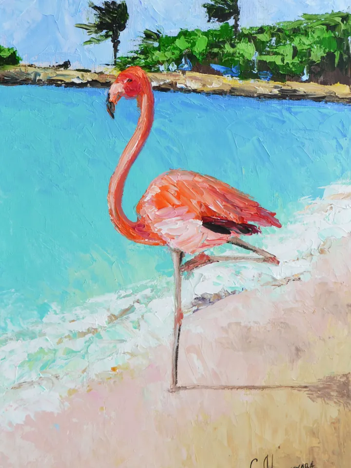 Flamingo Painting Original Art Flamingo on the Beach Painting Seascape painting Pink Birds Oil Painting Impasto 8 by 12 by MilenaART