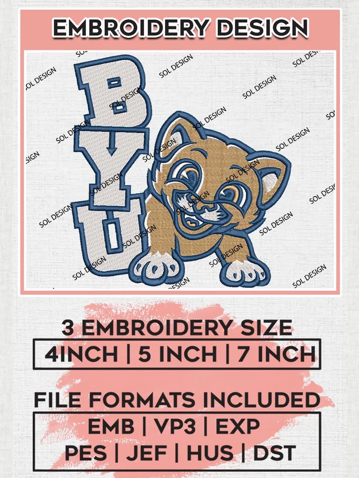 NCAA BYU College Team Mascot Logo Embroidery Design Files, NCAA BYU Cougars Machine Embroidery, NCAA Teams, 3 sizes, NCAA Machine embroidery designs, Digital Download