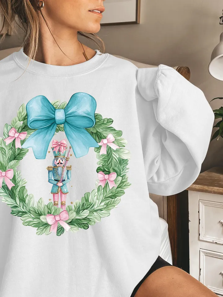 Christmas Toile PNG Nutcracker Wreath Christmas PNG Preppy Nutcracker Blue Toile Coquette Bow PNG Christmas Blue Digital Design Pink Bow png